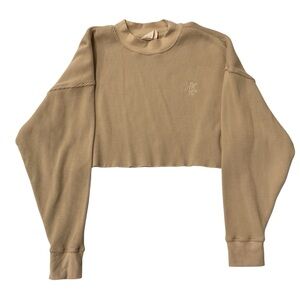 Kith Women’s Ribbed Crest Crop Top Sz S Tan Long Sleeve Loungewear Comfort Boxy